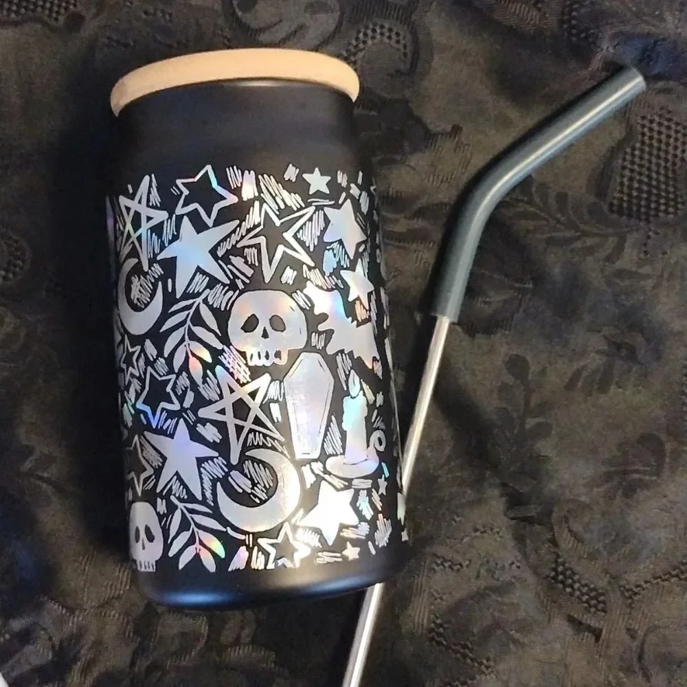 Halloween Black Iridescent‎ Skulls Printed Glass Coffee Cup with Straw NWT